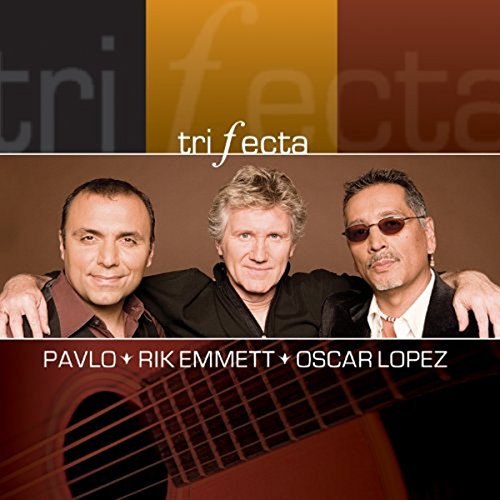 "CD cover featuring three men and a guitar, with 'trifecta' written on top."