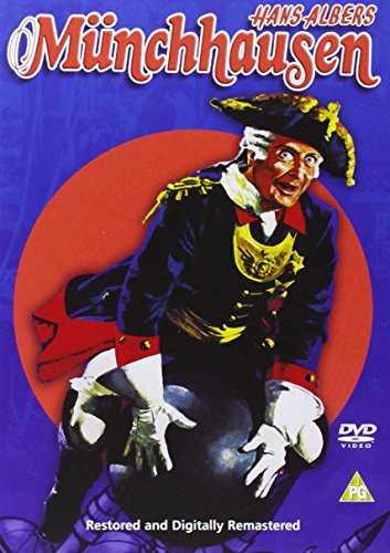 The image is a DVD cover for "Munchhausen" featuring a man in a military uniform. Alt text: Man in military uniform sitting on a cannonball against a red circle.
