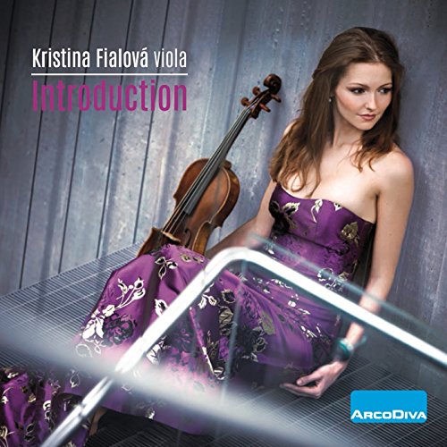 A woman in a purple dress holds a viola, with text "Kristina Fialova viola Introduction".