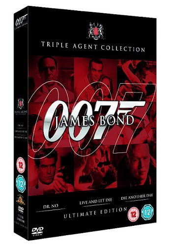"Black DVD box set with red-toned James Bond images and '007' logo."
