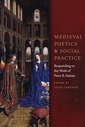 Book cover with medieval painting and title "Medieval Poetics & Social Practice" on red background.