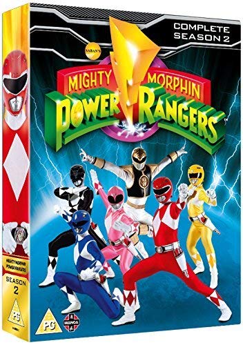 DVD case for "Mighty Morphin Power Rangers" featuring five superheroes against a blue background.