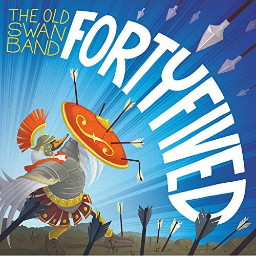 "Album cover featuring a cartoon knight dodging arrows with 'Fortyfived' text on blue background."