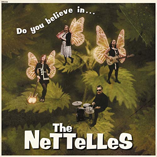 "Album cover with four men as butterflies playing instruments on a leafy background."