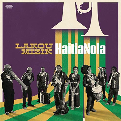 "Album cover featuring a band of eight musicians against a purple, green, and yellow background."