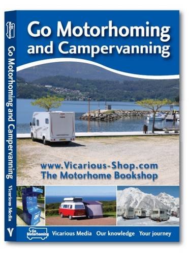 "Book cover with blue background, white campervan, and scenic lake image, featuring smaller inset photos."