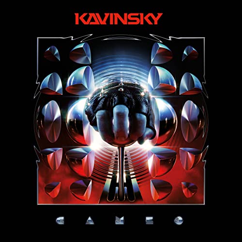 Kavinsky Cameo vinyl album cover: chrome hand in geometric red design.