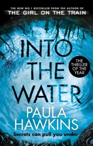 "Book cover with 'Into the Water' title, author's name, and a dark, swirling water background."