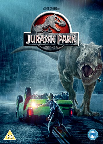 "Jurassic Park DVD cover featuring a T-Rex and a man fleeing from it."