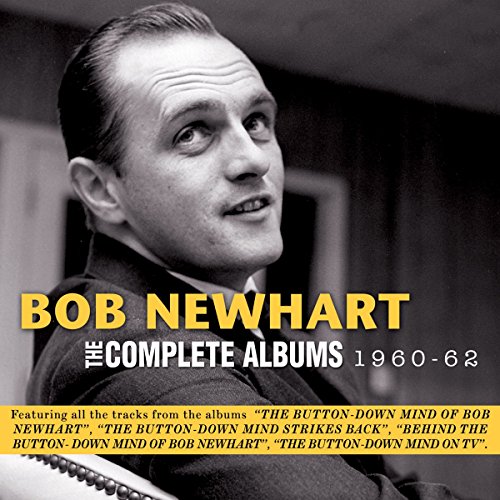 Black and white photo of Bob Newhart with text overlay on a yellow banner.