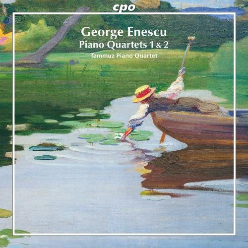 "CD cover featuring a painting of a man in a boat on a pond."