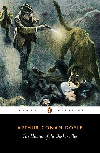 "Book cover of 'The Hound of the Baskervilles' featuring a dramatic scene with a man and dog."