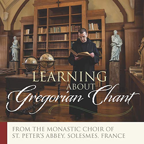 Monk in black robe reads book in a library with statues and bookshelves.