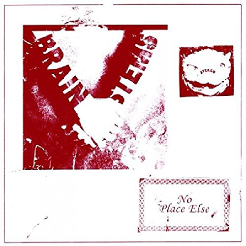 "Red and white vinyl album cover with abstract design and text 'Brainstems' and 'No Place Else'."