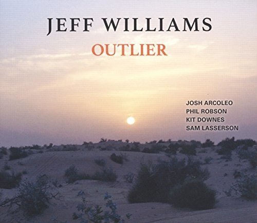 "Album cover for 'Outlier' by Jeff Williams featuring a desert landscape at sunset."