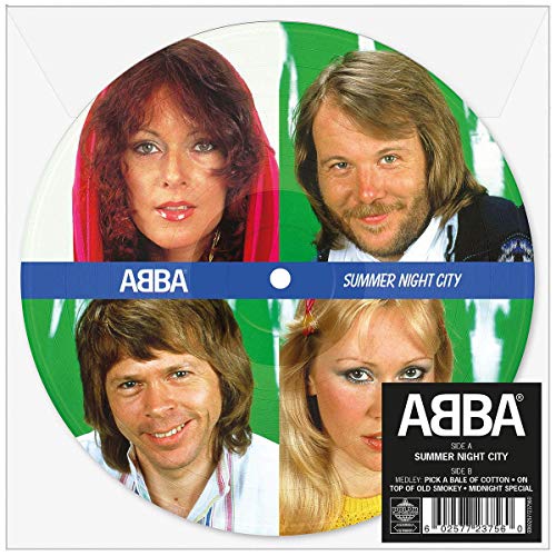 "Vinyl record with Abba band members' faces on a green background, with blue banner."