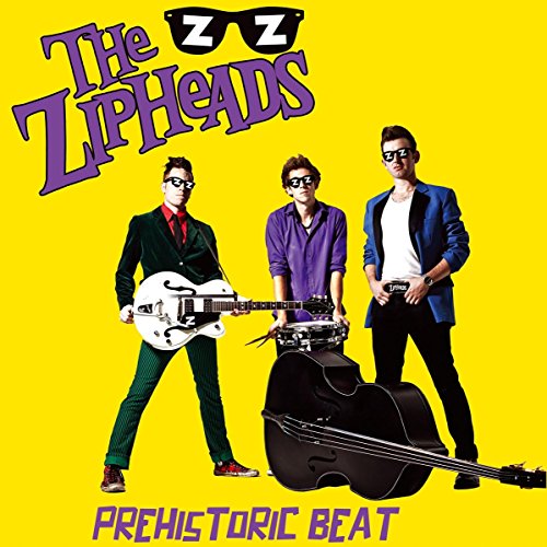 "Album cover featuring three men in sunglasses posing with musical instruments on a yellow background."