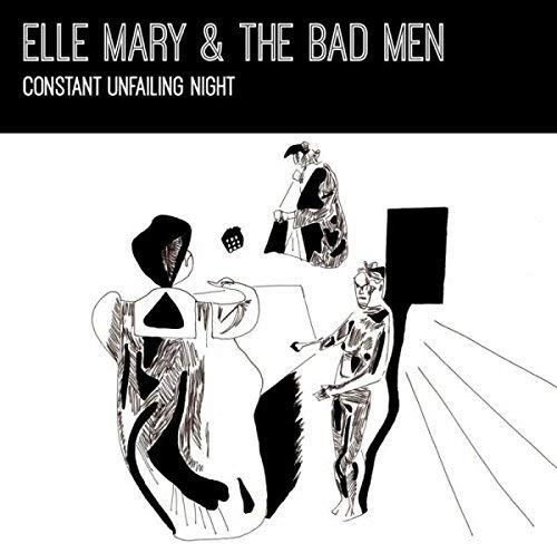 "Vinyl album cover featuring black and white illustration of three figures at a table."
