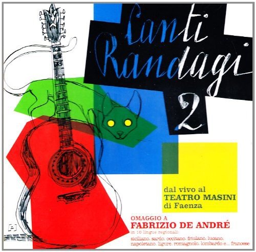 "Album cover with red guitar, green cat, and multicolored text on white background."