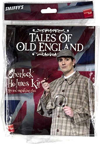 Packaged Sherlock Holmes costume kit featuring a man in a plaid coat and hat.