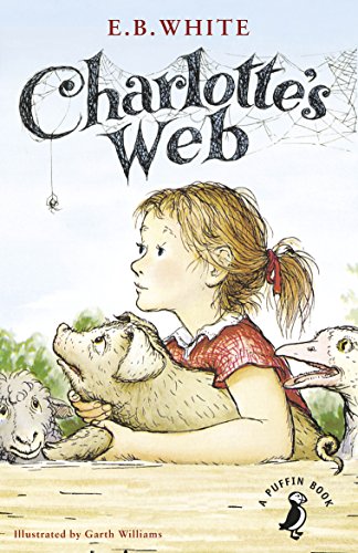 "Illustrated book cover of 'Charlotte's Web' featuring a girl holding a pig."
