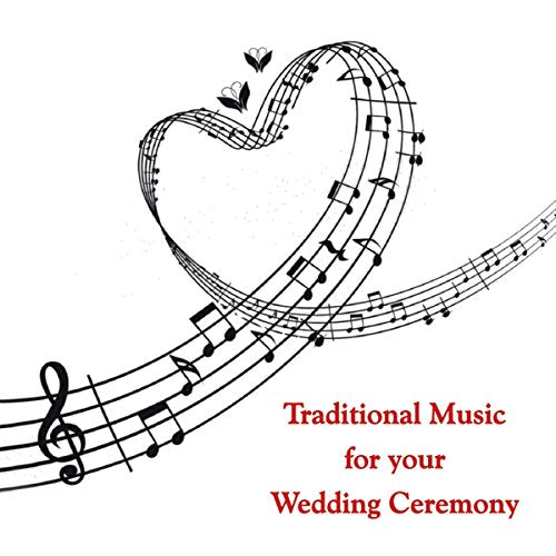 The image is a CD cover for traditional wedding music. #### Alt Text "White background with black musical notes forming a heart and red text."