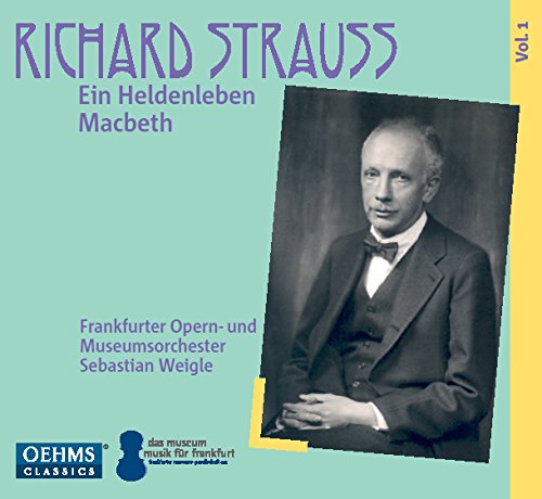 CD cover with black and white portrait of Richard Strauss on teal background.