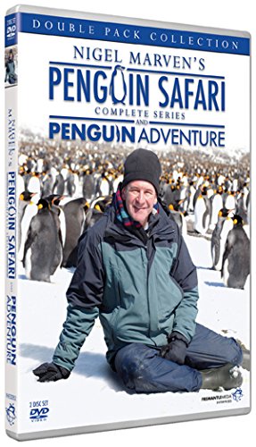DVD case with Nigel Marven surrounded by penguins on snowy ground, title "Penguin Safari" displayed.