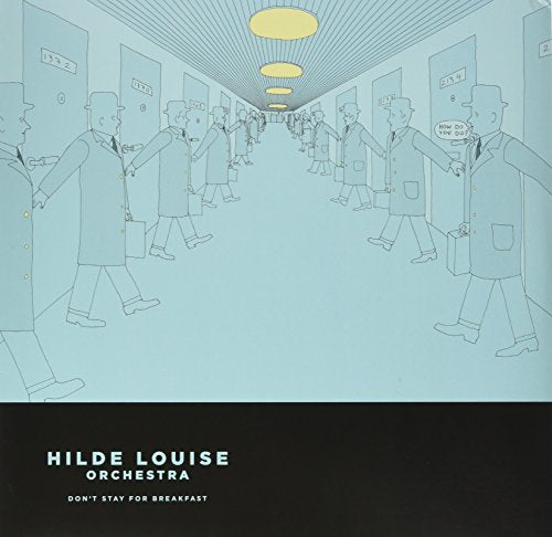 "Album cover with cartoon men in suits in a hallway, blue and black design."