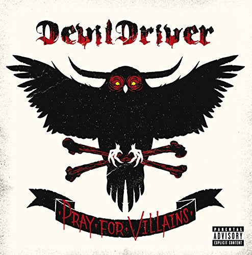 "Album cover featuring a black owl with red eyes and crossed bones below."