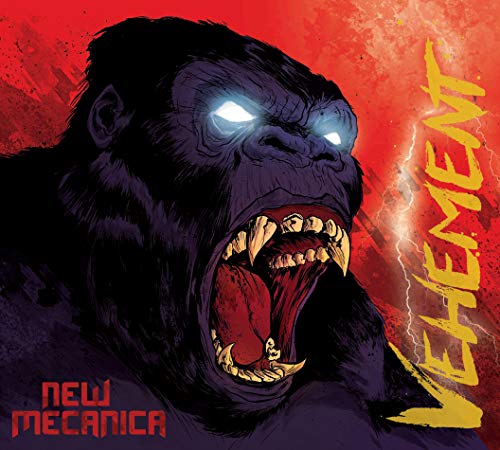 "Album cover with a cartoon gorilla and red background, titled 'New Mecanica - Vehement'."