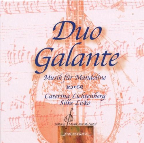 "Duo Galante" CD cover featuring a faded mandolin image with sheet music background.