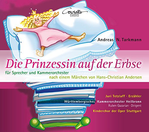 "CD cover featuring cartoon princess on stacked mattresses, pink background, and German text."