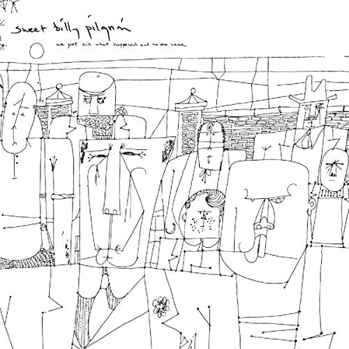 "Black and white vinyl album cover with abstract line drawing of multiple figures."