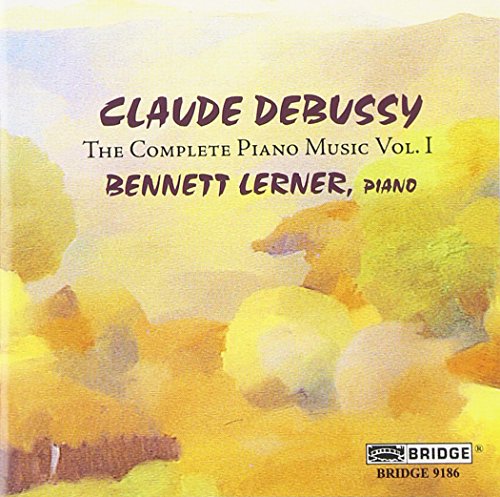 CD cover for Debussy's piano music, featuring watercolor landscape and text.