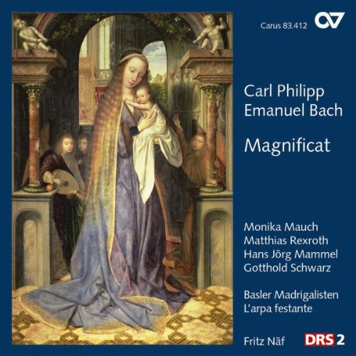 "CD cover with Renaissance painting of Mary holding Jesus, surrounded by musicians, on blue background."