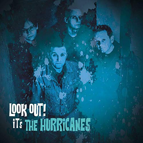 The image shows a blue-toned album cover with four men and bold text.