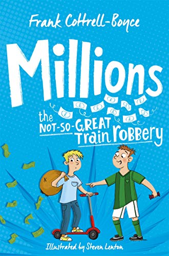 The image depicts a book cover with cartoon boys and money on a blue background.