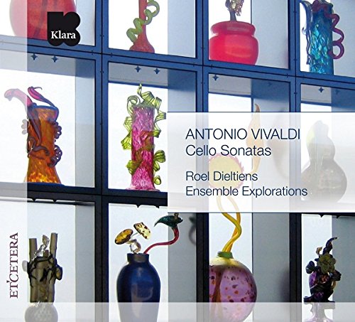 CD cover with glass sculptures and text overlay, featuring "ANTONIO VIVALDI Cello Sonatas".