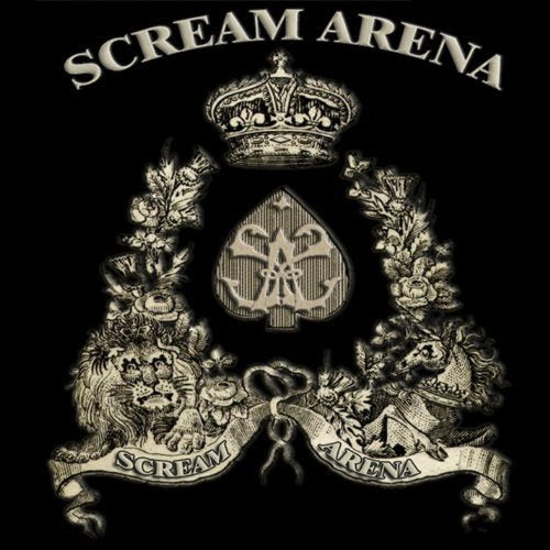 "Album cover with ornate crest, crown, and 'Scream Arena' text on black background."