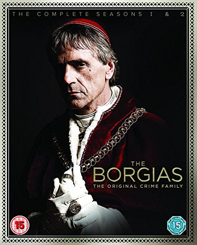 DVD cover of "The Borgias" featuring a man in red religious attire.