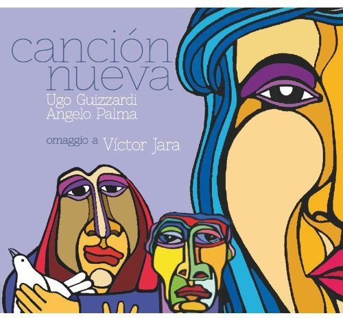 "Album cover art with abstract faces and text on a purple background."