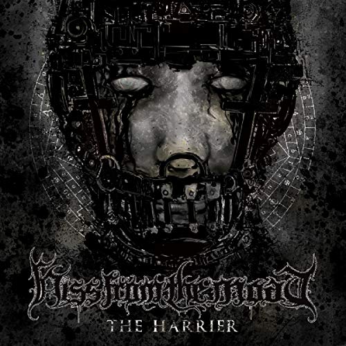 "Album cover with a mechanical, robotic face and ornate, gothic text on a dark background."