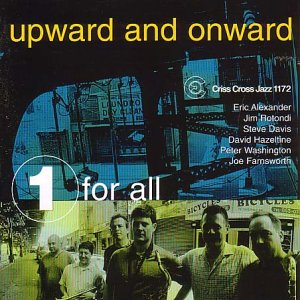 "Album cover with 'one for all' and 'upward and onward' text, featuring a group of men."