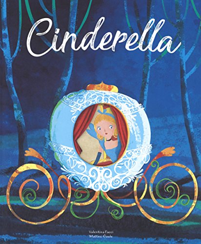 The image depicts a children's book cover featuring Cinderella in a carriage. Alt text: "Cinderella" book cover with Cinderella in a carriage, dark blue background.