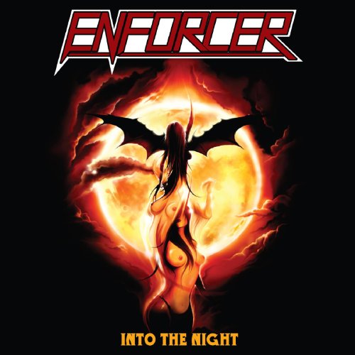 Album cover with a woman and bat wings before a fiery moon.