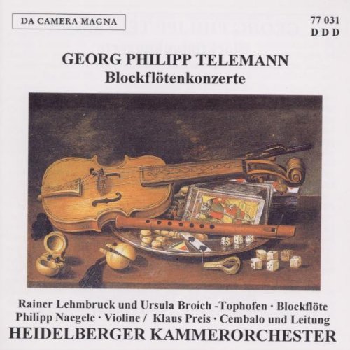 CD cover with violin and recorder on a table, surrounded by sheet music and dice.