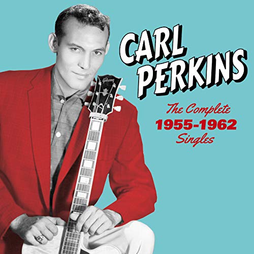 Carl Perkins album cover featuring a man holding a guitar, red jacket, turquoise background.