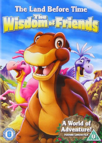 "Land Before Time: The Wisdom of Friends DVD cover featuring cartoon dinosaurs in a landscape."