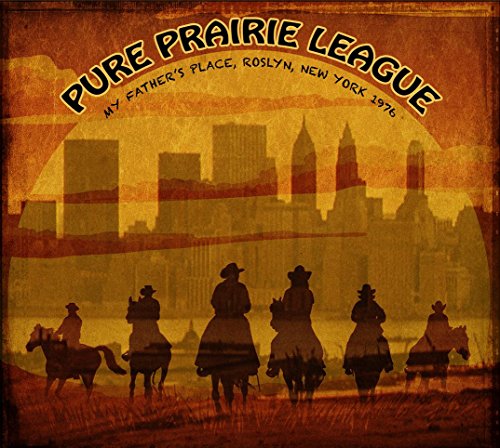 "CD cover art featuring cowboys on horses with a city skyline in the background."